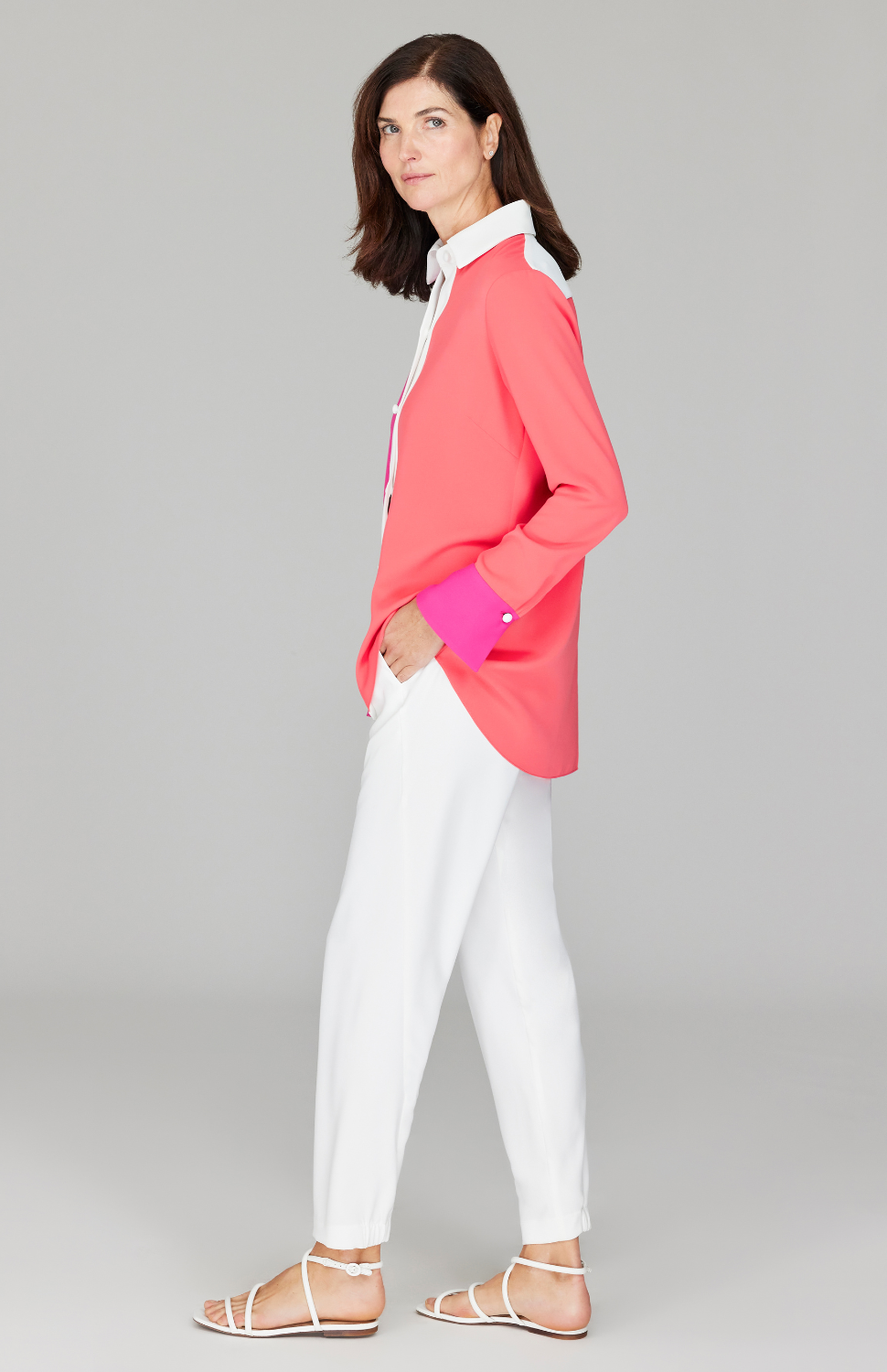 Color Block Lustrous Crepe Back Overlap Shirt