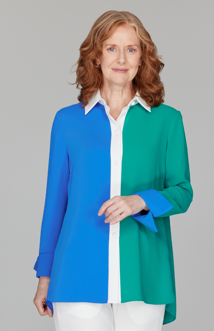 Color Block Lustrous Crepe Back Overlap Shirt