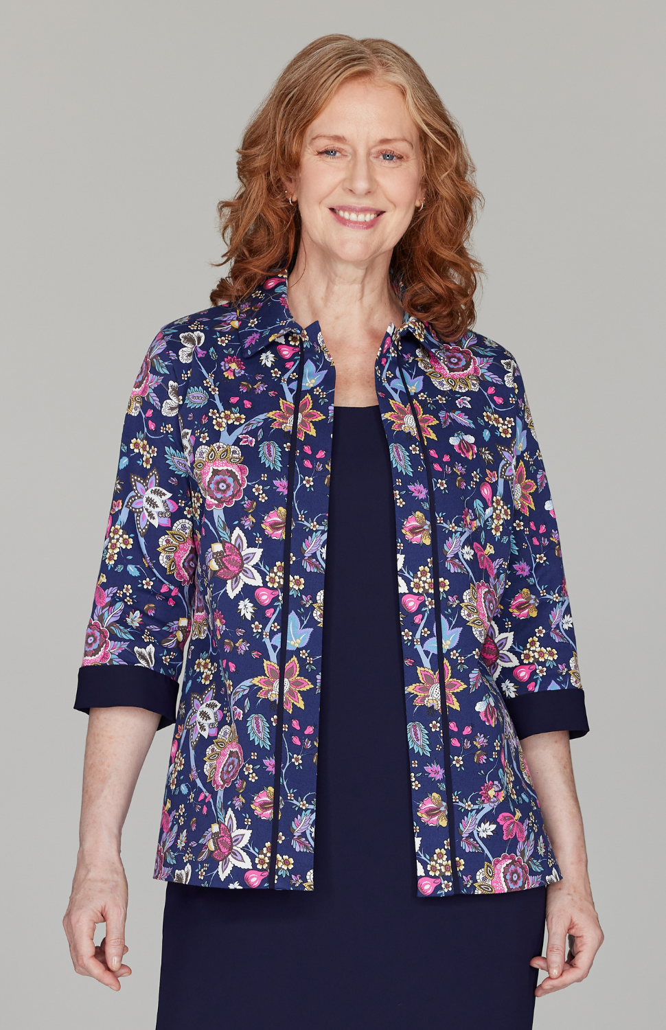 Paisley Stretch Denim Collared Open Front Shirt Jacket