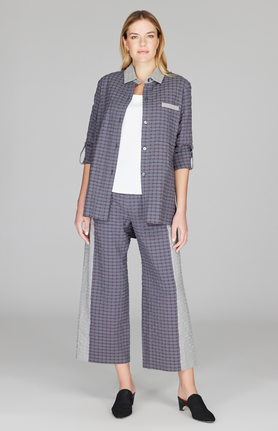 Crinkle Shirting Straight Pants w/ Contrast Panel