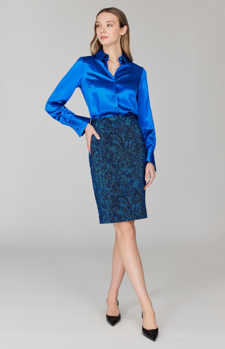 PREORDER Paisley Stretch Jacquard Narrow Skirt w/ Back Kick Pleat