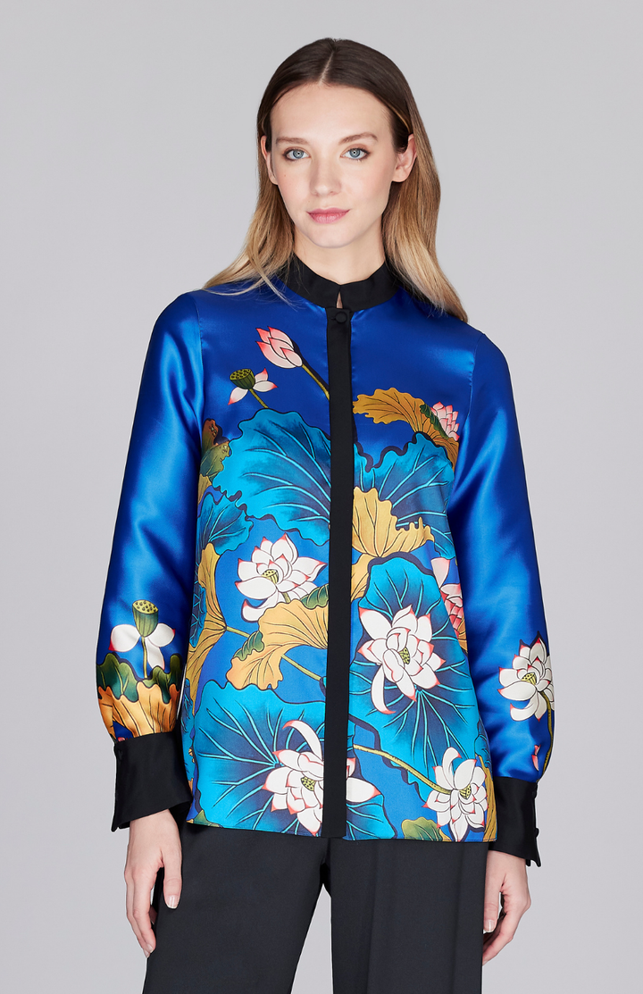 PREORDER Lotus Print Mandarin Collar Blouse w/ Relaxed Sleeve