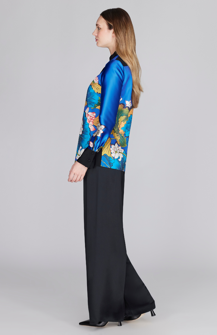 PREORDER Lotus Print Mandarin Collar Blouse w/ Relaxed Sleeve