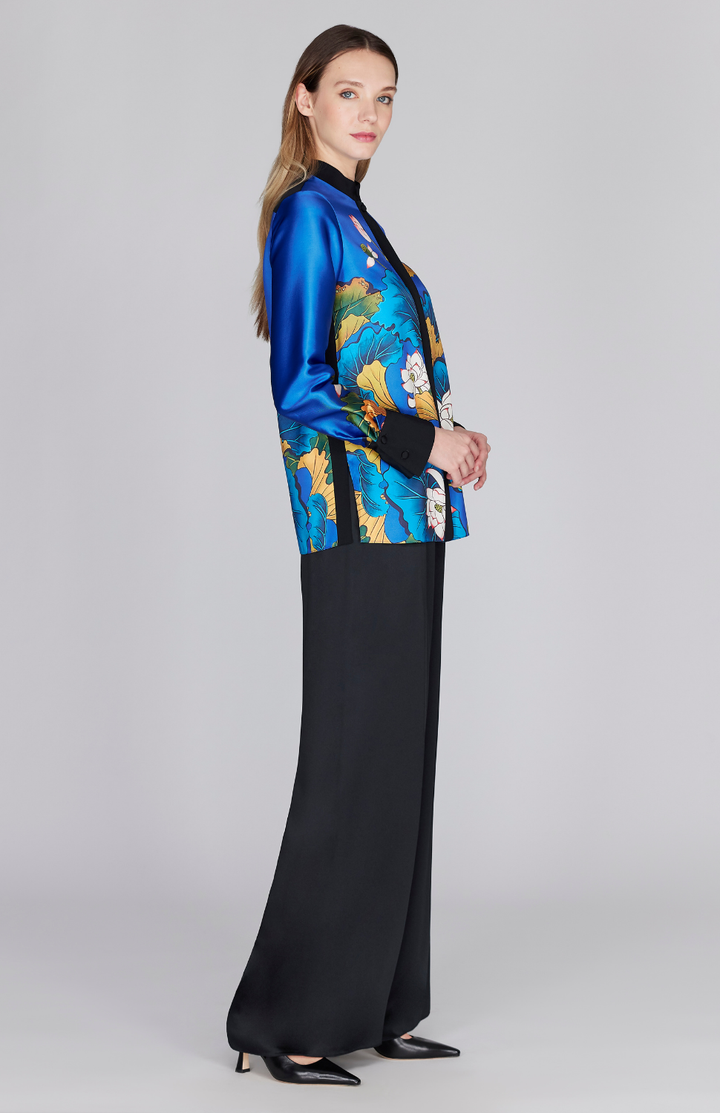 Lotus Print Mandarin Collar Blouse w/ Relaxed Sleeve