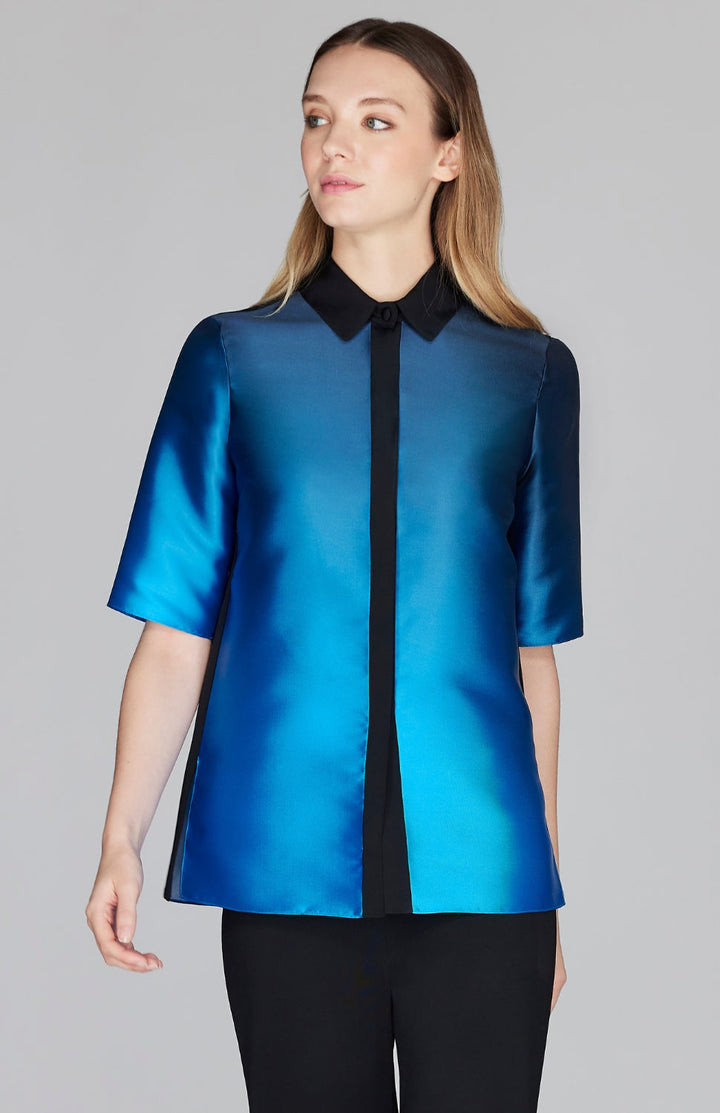 Gradient Print Collared Blouse w/ Short Sleeve