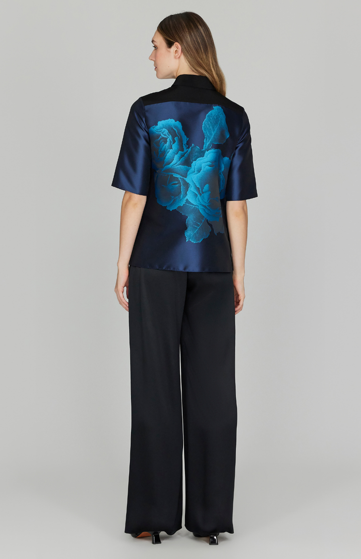 Shadow Rose Jacquard Collared Blouse w/ Short Sleeve