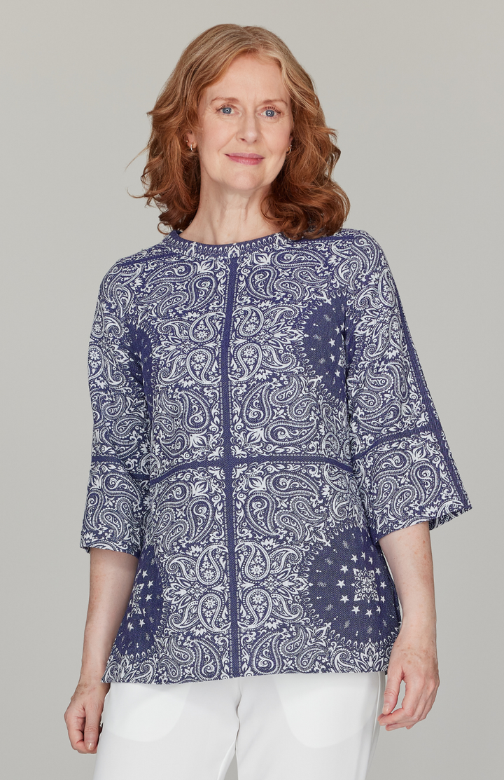 Bandana Jacquard 3/4 Sleeve Blouse