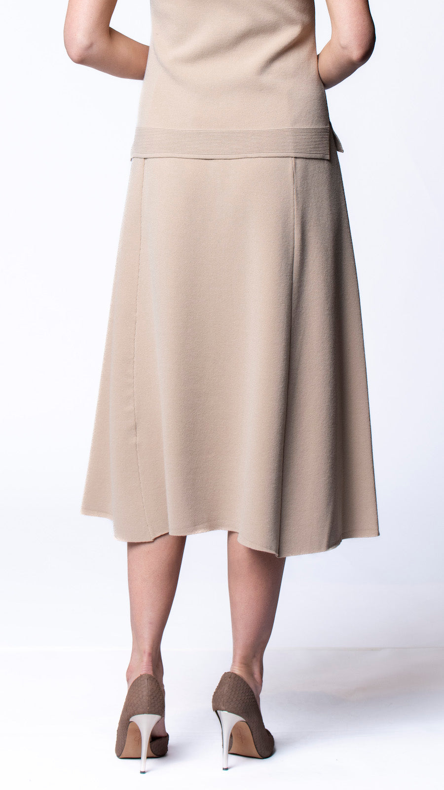 Natalie Milano-Knit A-Line Midi Skirt; Warm Beige