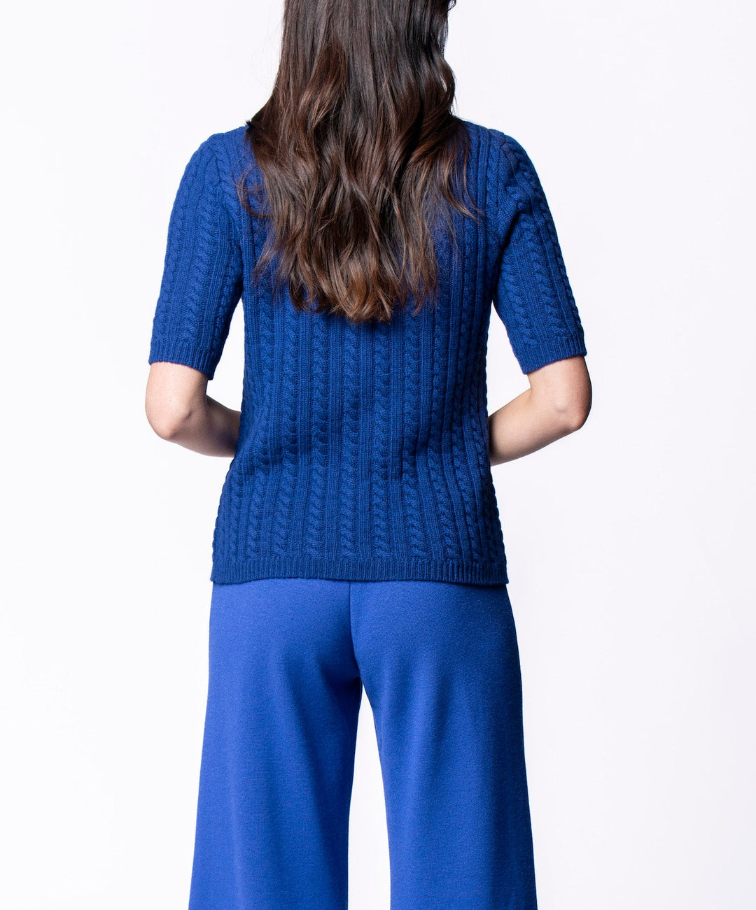 Lilly Short Sleeved Cable-Knit Turtleneck, Dark Royal Blue