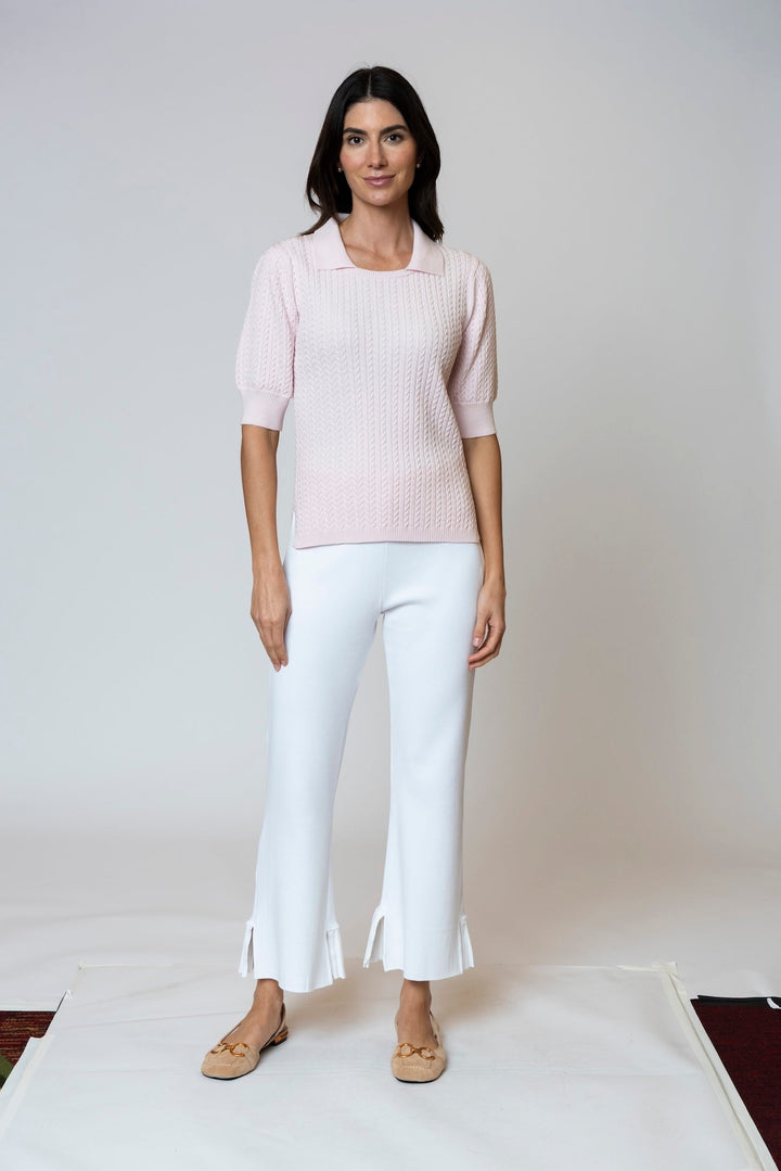 Holly Short Sleeved Crew-Neck Cable-Knit Top, Pink Petal