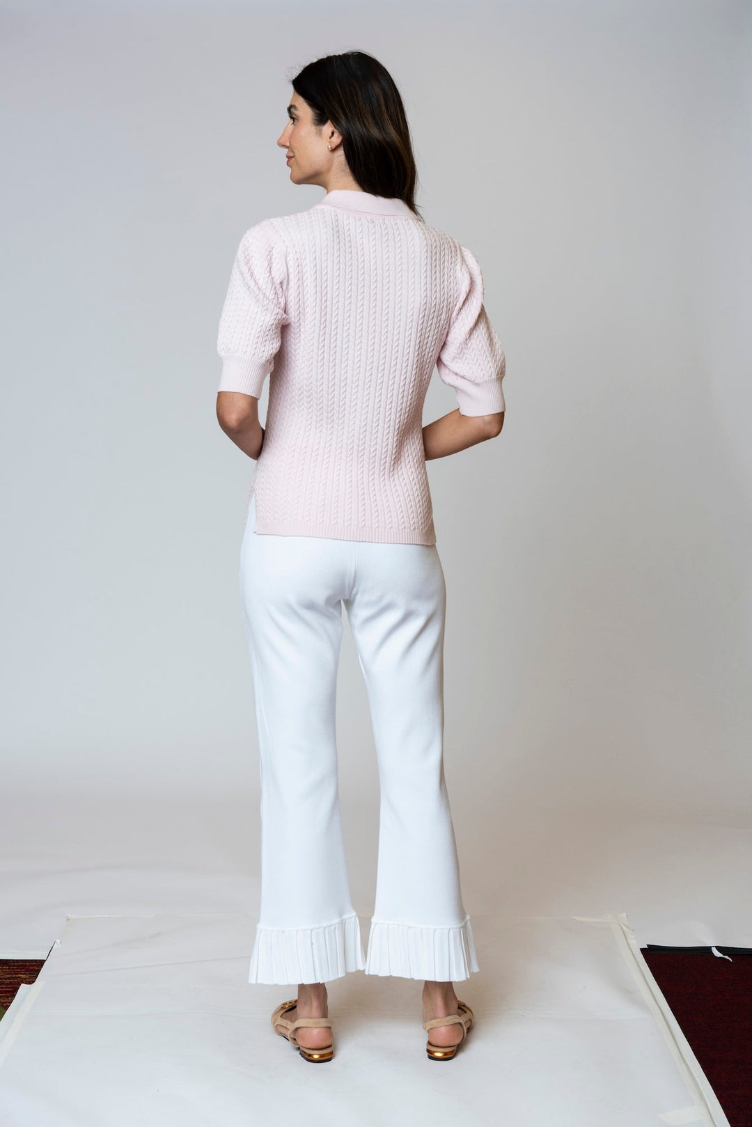 Holly Short Sleeved Crew-Neck Cable-Knit Top, Pink Petal