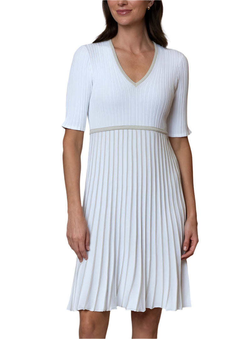 Lara Pleated Short Sleeved Dress / White/Beige