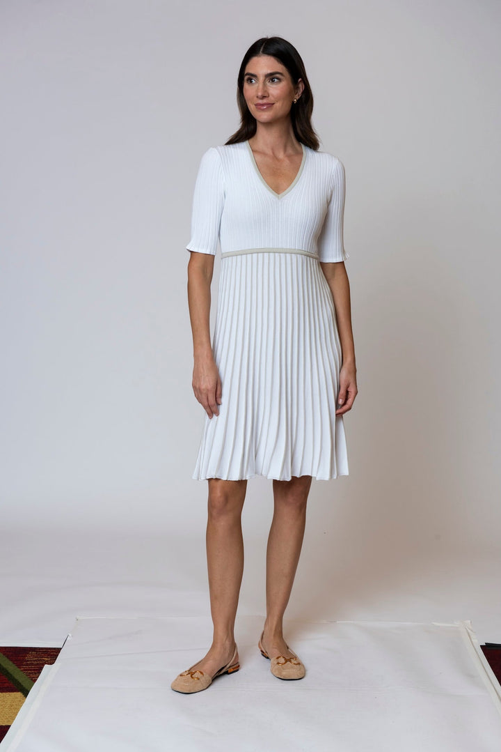 Lana Pleated Sleeveless Dress / White/Beige