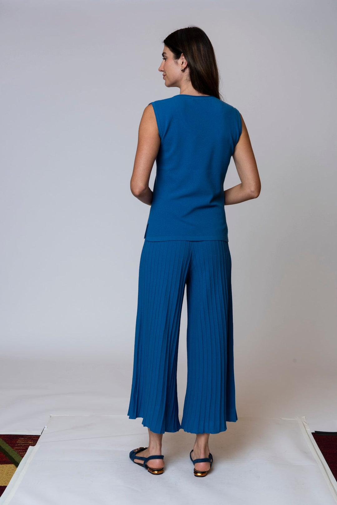 Giuliana Plisse-Look Cropped Wide Leg Pants, Ocean Blue