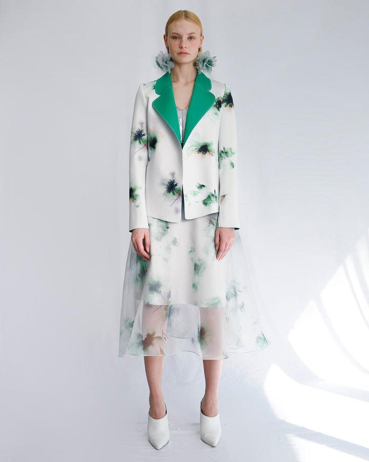 Maison Marie Saint Pierre | Skirt | JARINA | Aqua Lily Green | Jacket | JENNA2 | Aqua Lily Green | Jade | Earrings | JANAR | Aqua Lily Green