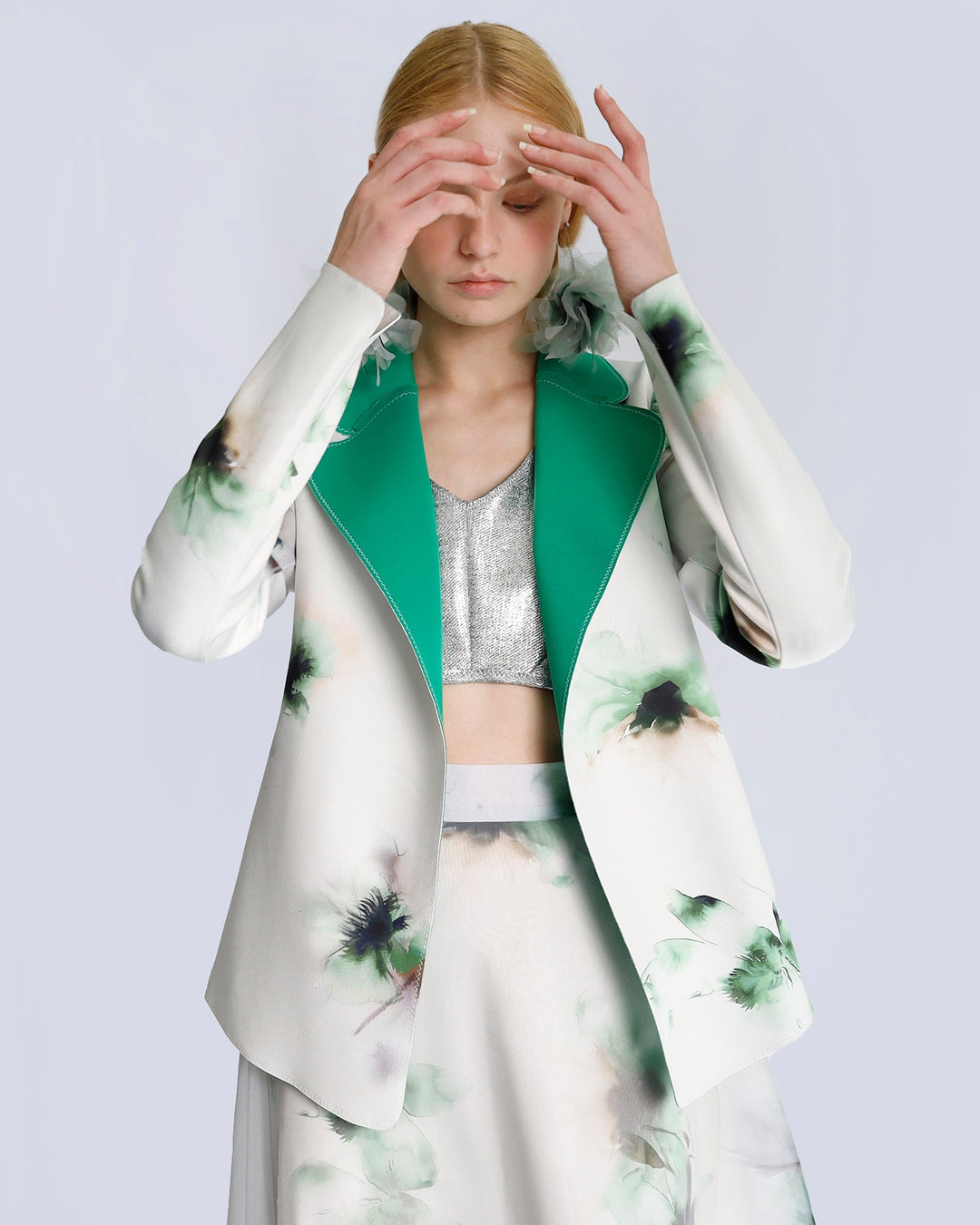 Maison Marie Saint Pierre | Jacket | JENNA2 | Aqua Lily Green | Jade | Earrings | JANAR | Aqua Lily Green