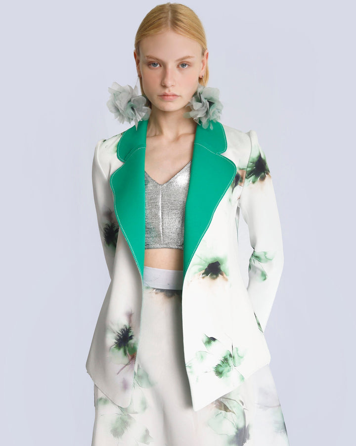 Maison Marie Saint Pierre | Jacket | JENNA2 | Aqua Lily Green | Jade | Earrings | JANAR | Aqua Lily Green