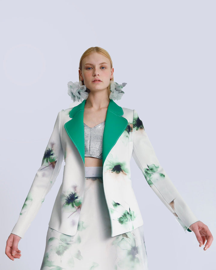 Maison Marie Saint Pierre | Jacket | JENNA2 | Aqua Lily Green | Jade | Earrings | JANAR | Aqua Lily Green