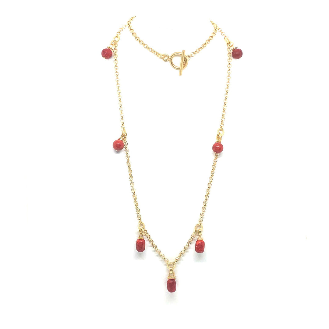 Red Sponge Coral Gold Charm Rolo Chain Necklace