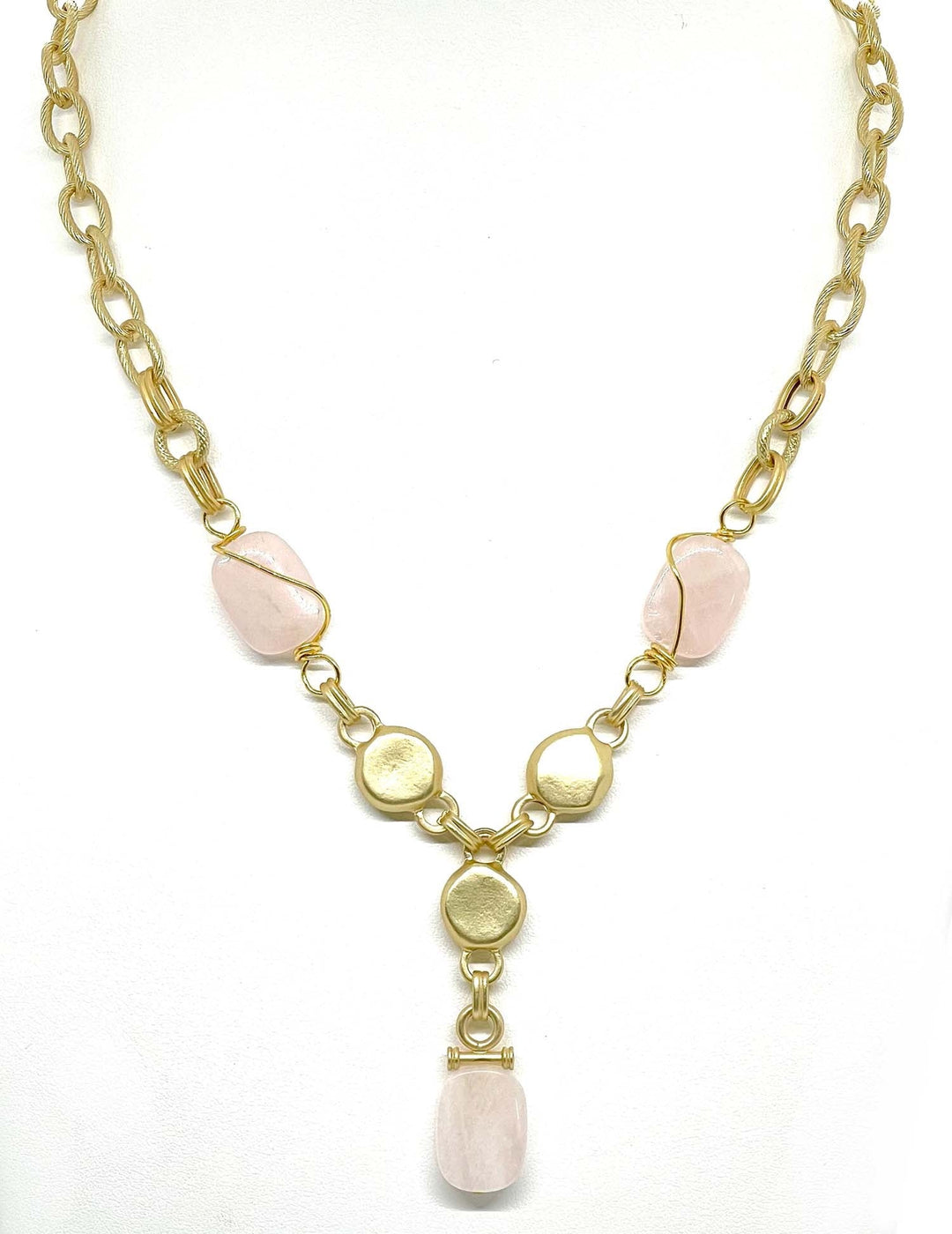 Rose Quartz Matte Gold Linkage  Y Necklace