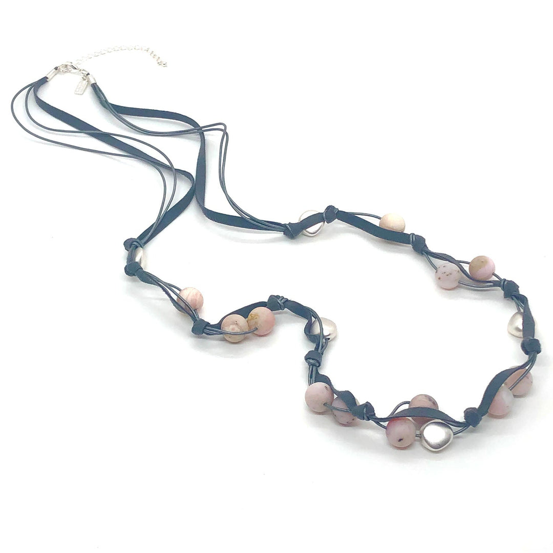 Matte Pink Opal With Matte Matte Silver Gray Suede Long Necklace