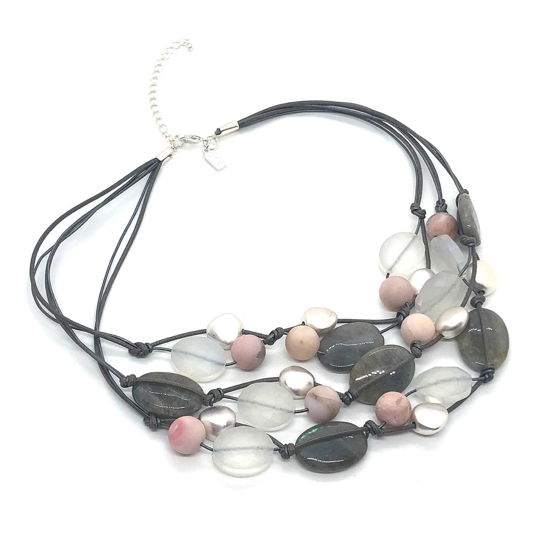 Natural Labradorite, Matte Pink Opal With Matte White Crystal and Matte Silver Toursade Necklace