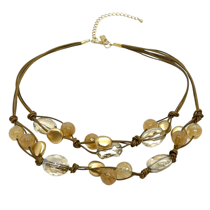 Citrine Quartz, Champagne Crystal And Gold Bead Accent Two Strand Necklace