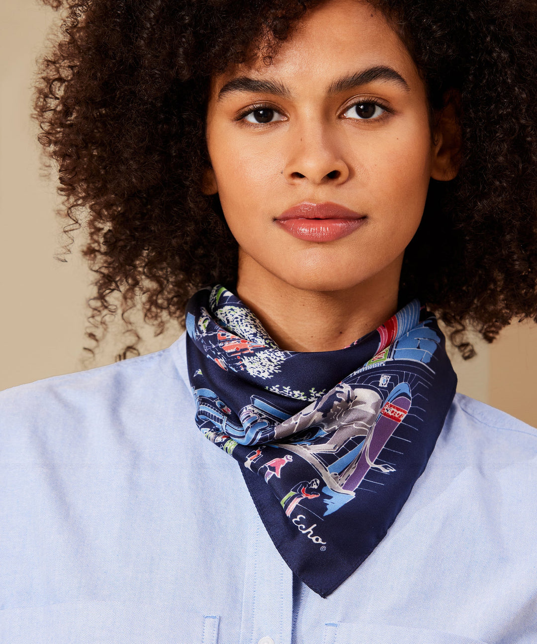 City Hopping Silk Bandana in color Navy on model