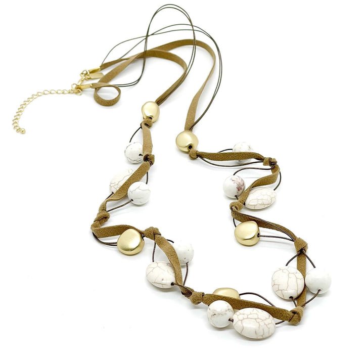 White Magnesite and Matte Gold Nugget Bronze Suede Layer Necklace