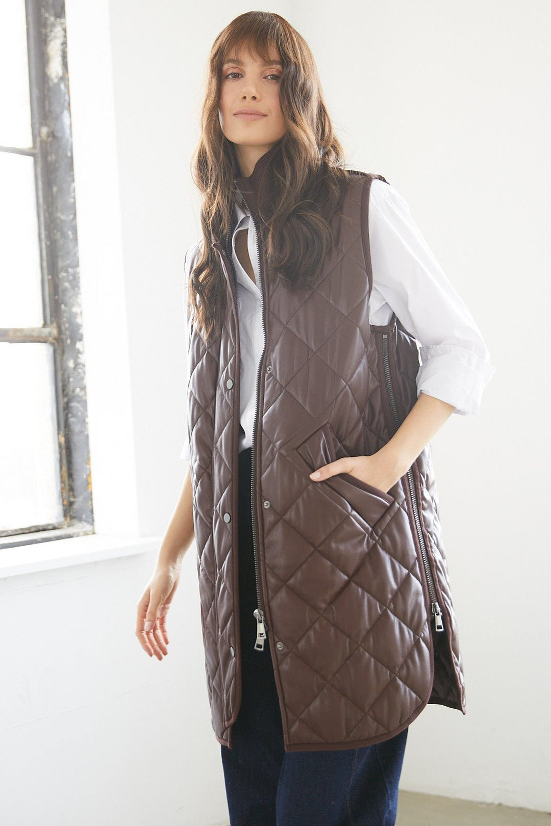 Destiny Vegan Leather Sleeveless Quilted Vest w/ Side Zipper Detail