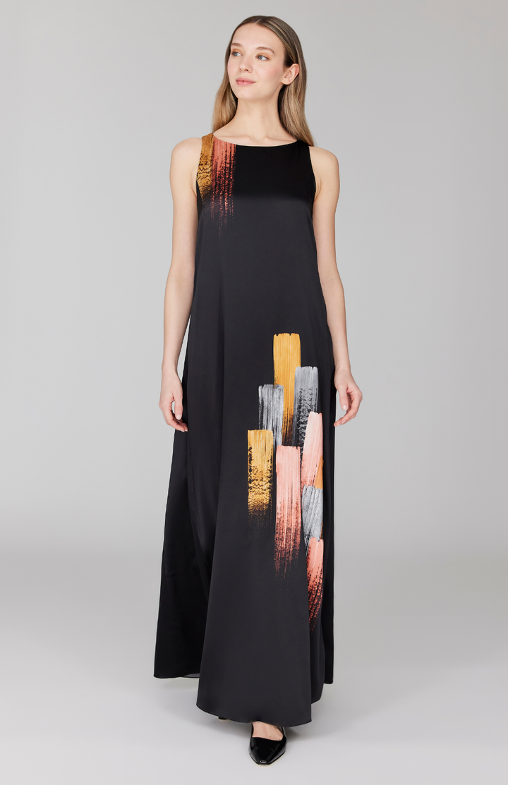 Brush Stroke Print Sleeveless Trapeze Gown 4 / Black Multi BRS Brush Stroke Print Sleeveless Trapeze Gown 4 / Black Multi BRS