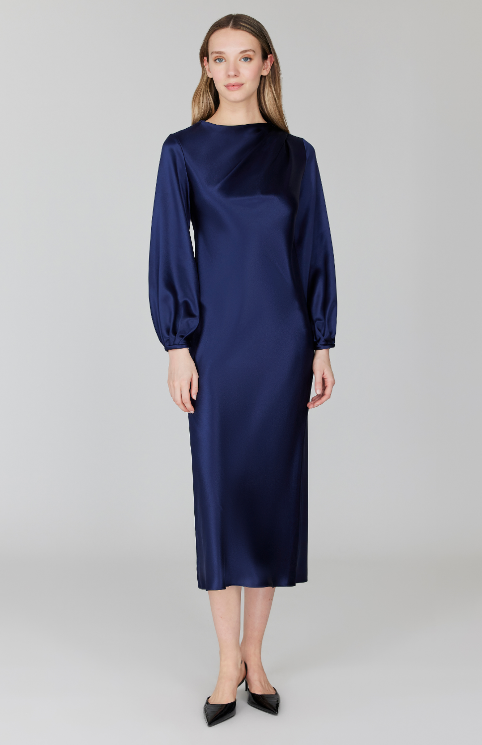 PREORDER Satin Long Sleeve Bias Dress w/ Asymmetric Pleating