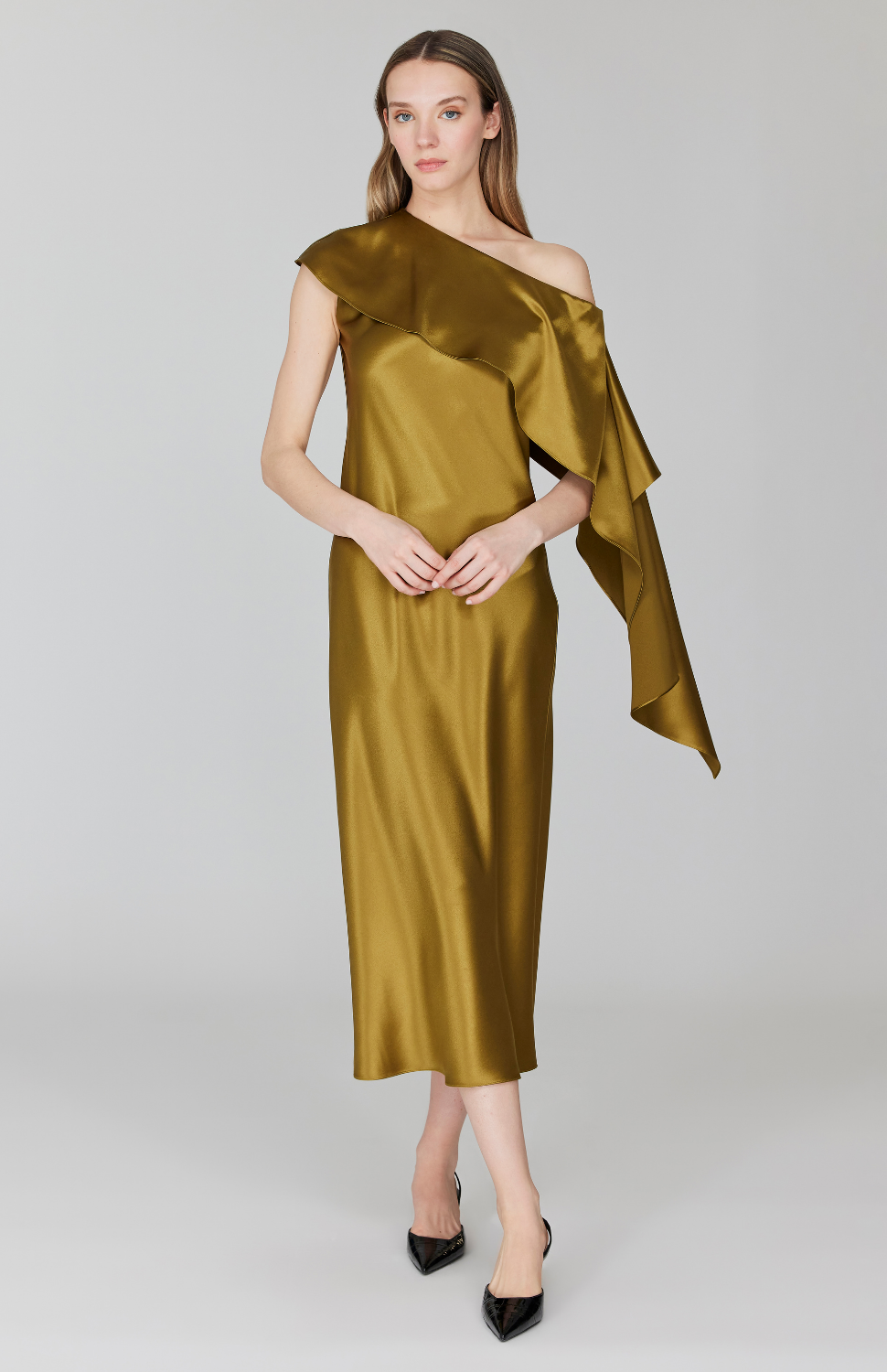 PREORDER Satin Asymmetric Off The Shoulder Bias Dress