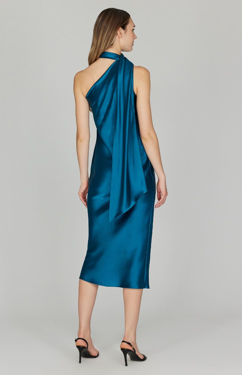 Satin One Shoulder Bias Dress w/ Scarf