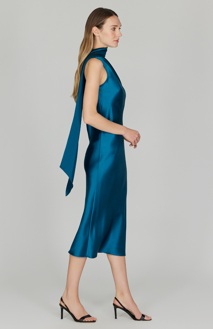 Satin One Shoulder Bias Dress w/ Scarf