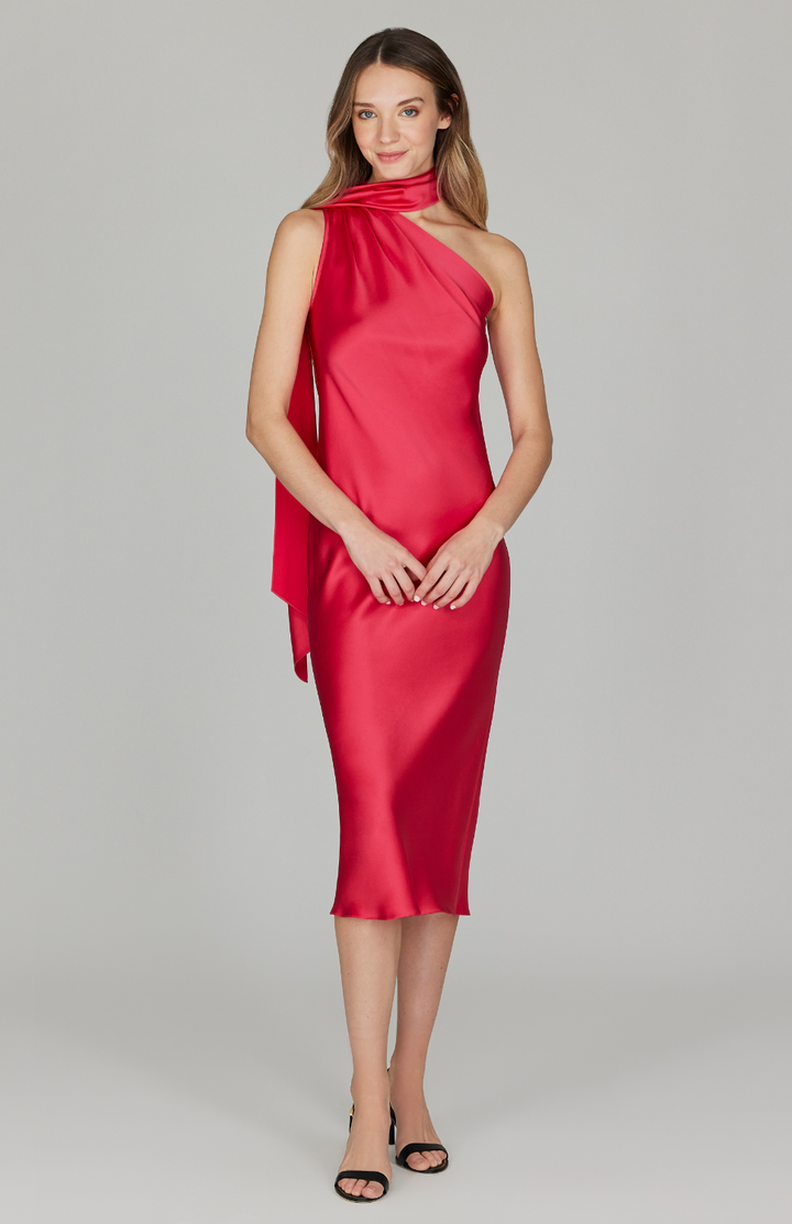 Satin One Shoulder Bias Dress w/ Scarf