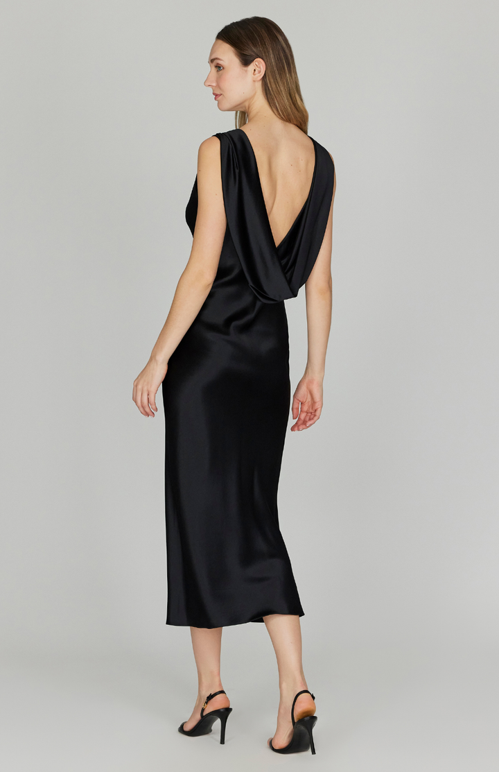 Satin Drape Back Bias Dress