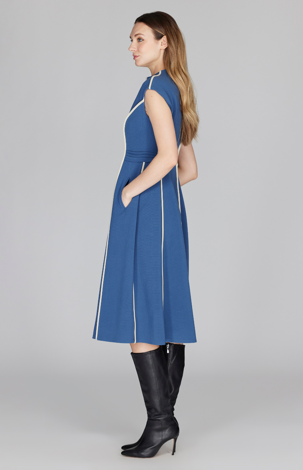 Double Face Cap Sleeve Fit & Flare Dress w/Contrast Bias