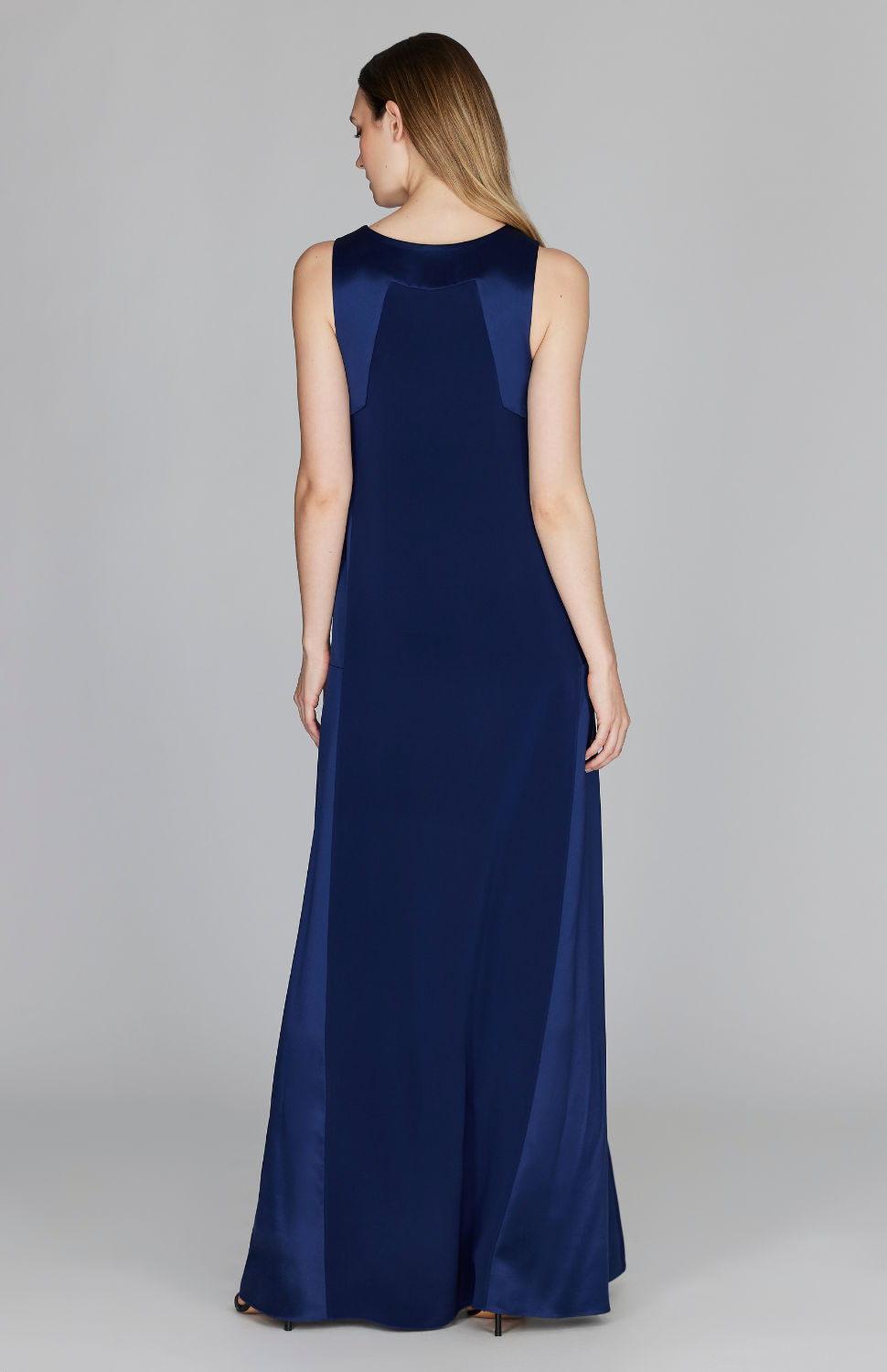 Silk V Neck Gown w/ Satin Contrast Panels