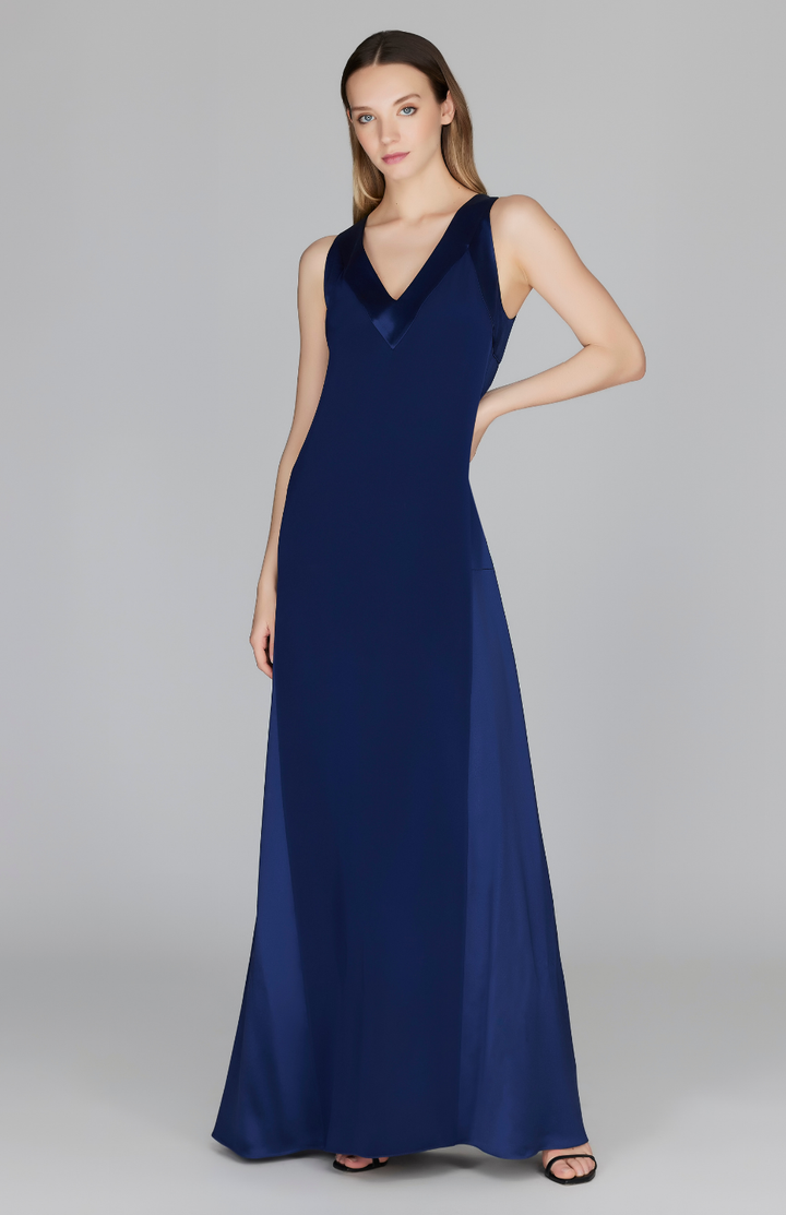 Silk V Neck Gown w/ Satin Contrast Panels