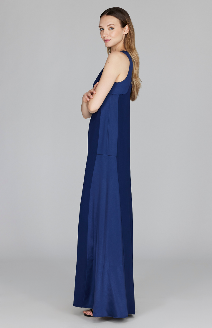 Silk V Neck Gown w/ Satin Contrast Panels