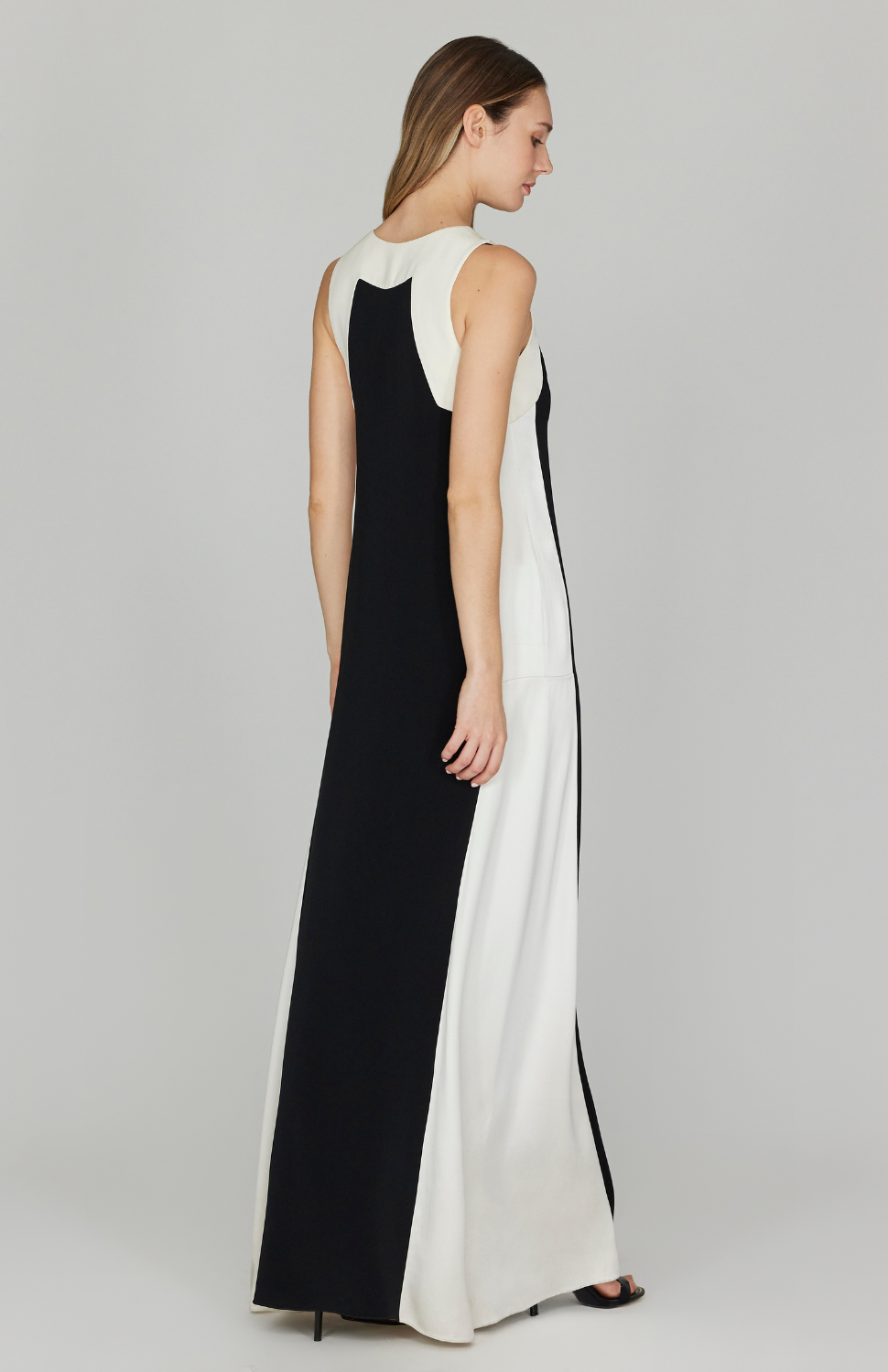 Satin V Neck Gown w/ Contrast Panels