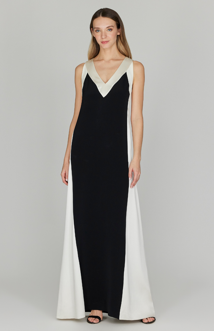 Satin V Neck Gown w/ Contrast Panels