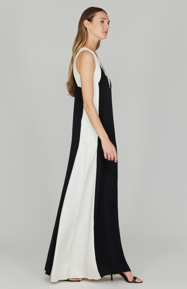 Satin V Neck Gown w/ Contrast Panels