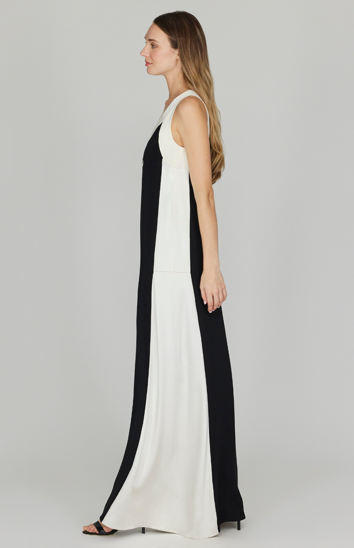 Satin V Neck Gown w/ Contrast Panels