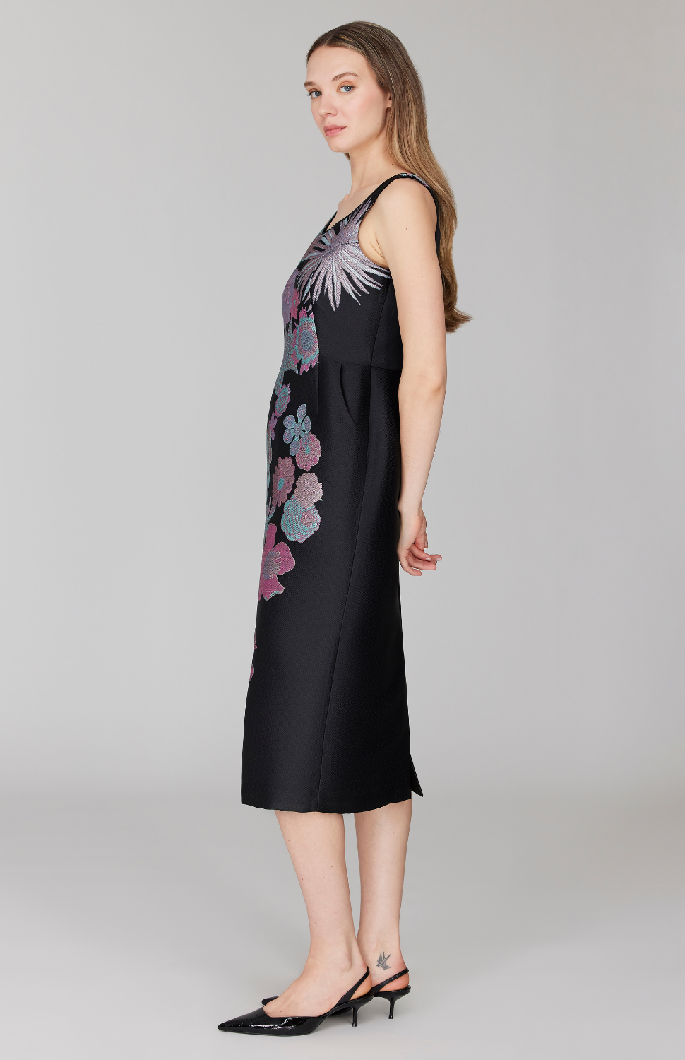 PREORDER Metallic Scattered Flora Long Fitted Dress w/ Satin Bias