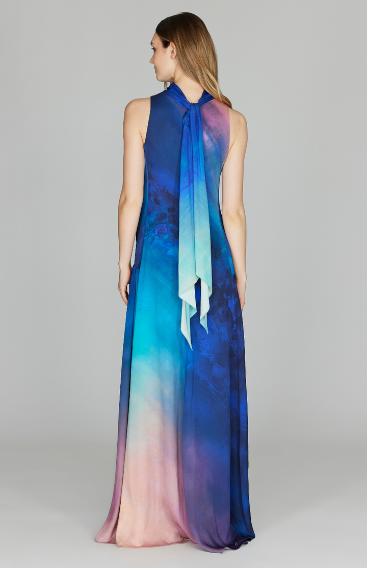 Sunset Print Long Trapeze Gown w/ High Neck