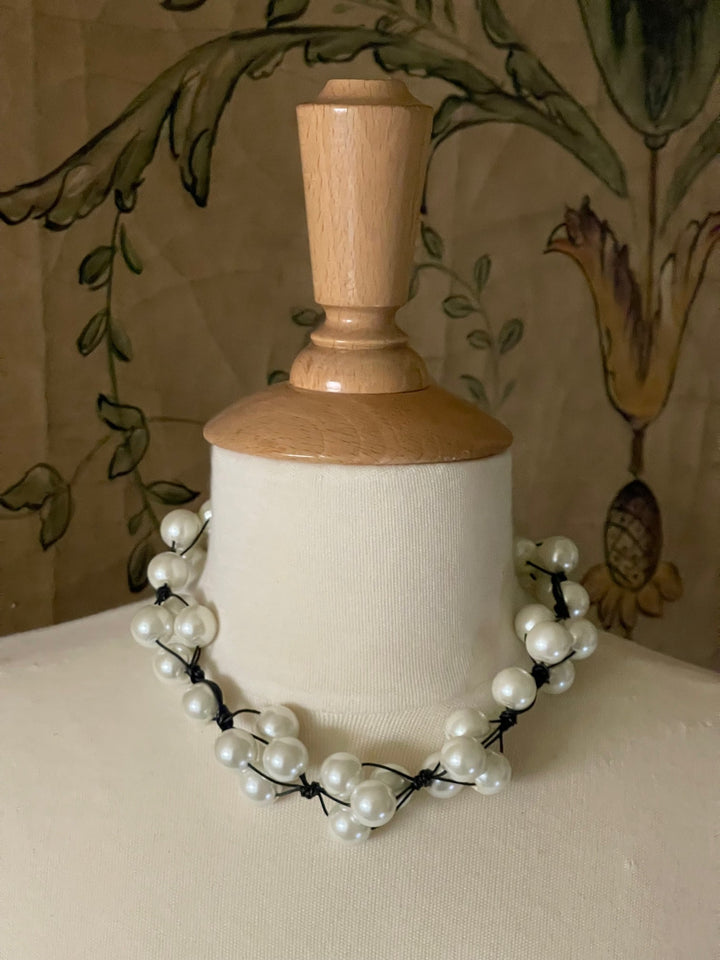 Glass Pearl Woven Leather Necklace