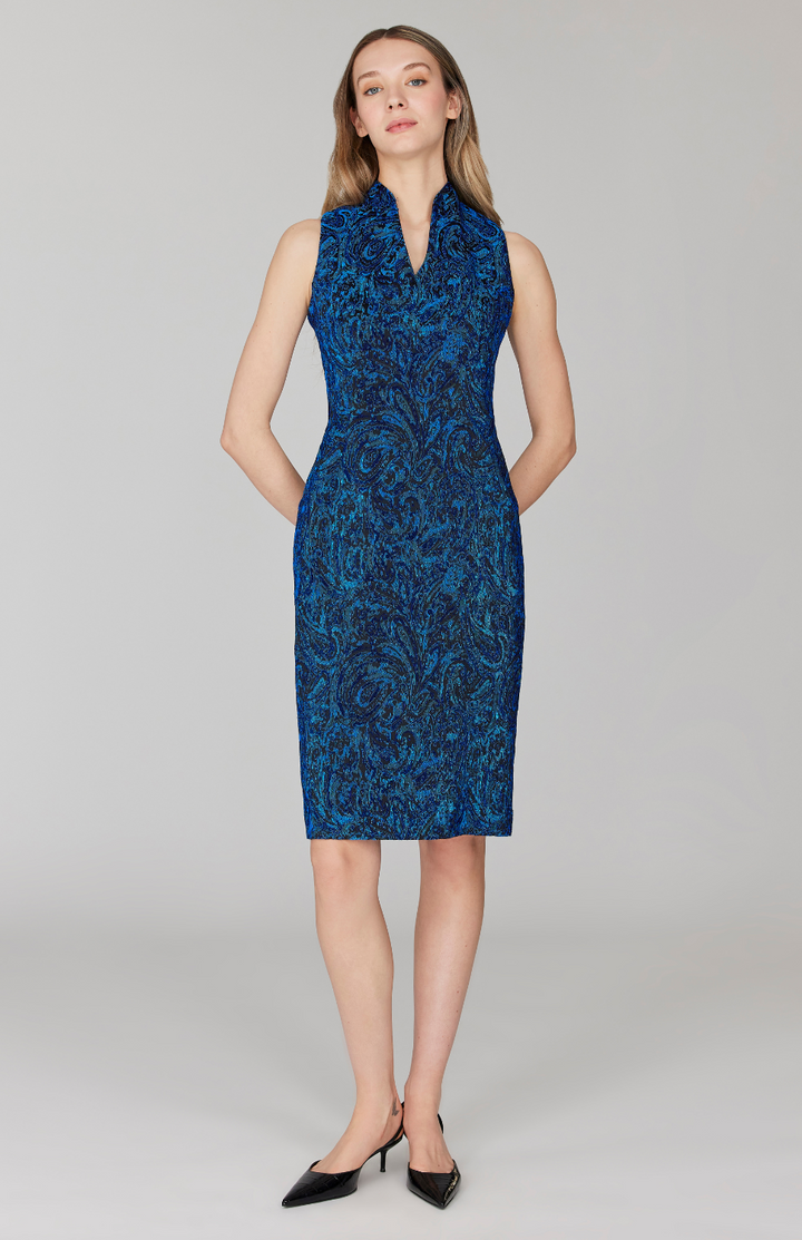 Paisley Stretch Jacquard Fitted Dress w/ High Neck 14 / Blue YP Paisley Stretch Jacquard Fitted Dress w/ High Neck 14 / Blue YP