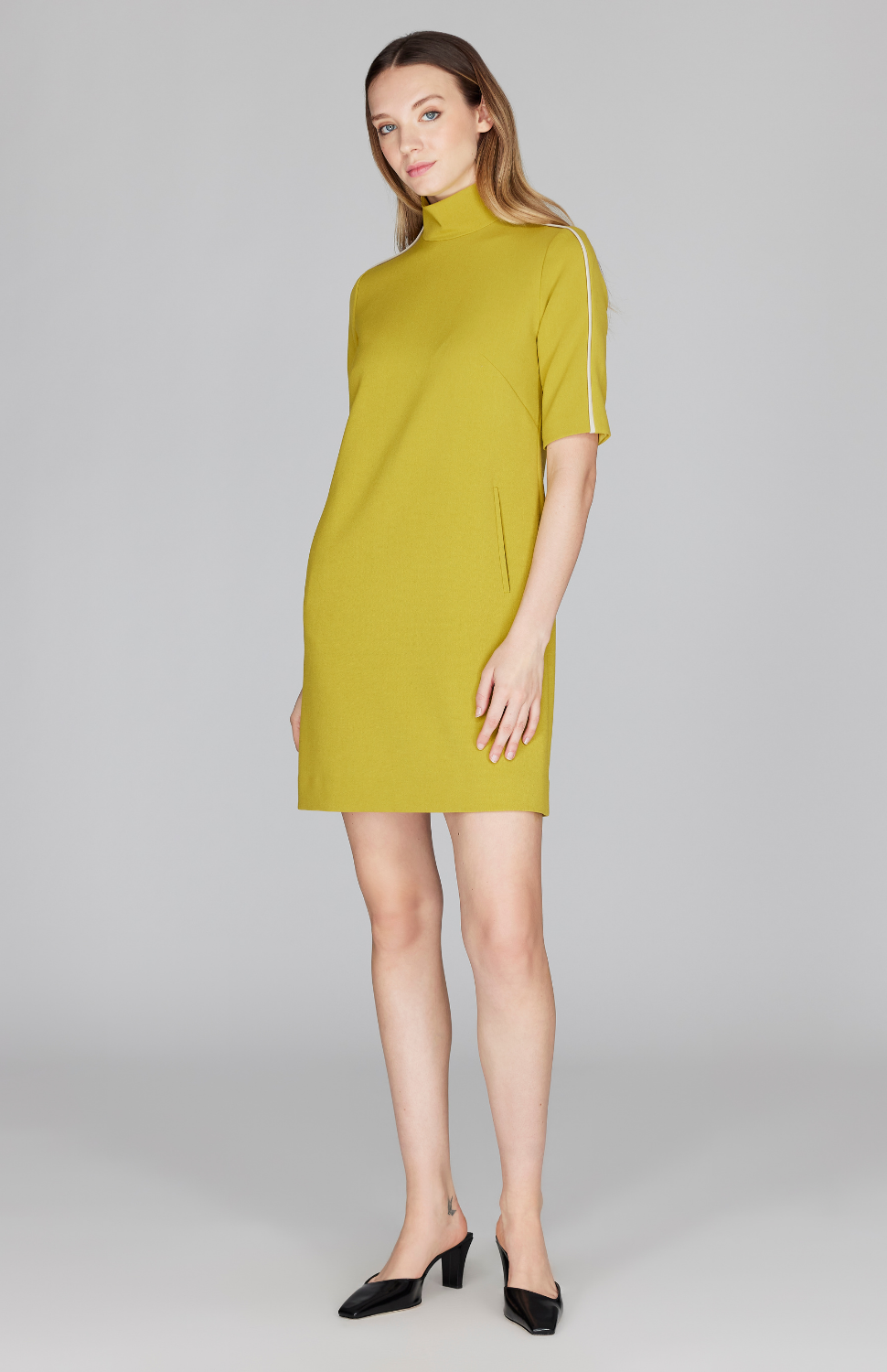 Double Face Turtleneck Shift Dress w/Contrast Bias